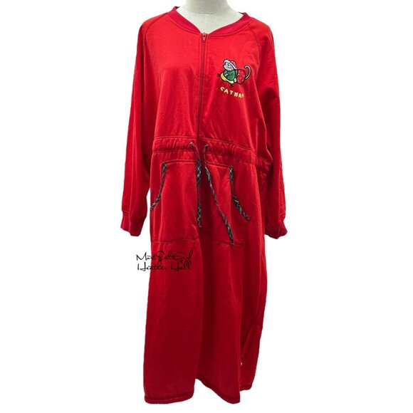 Vintage 1980's Yikes Red Zip-Front Catnap Embroidered Lounge Dress Size 1X